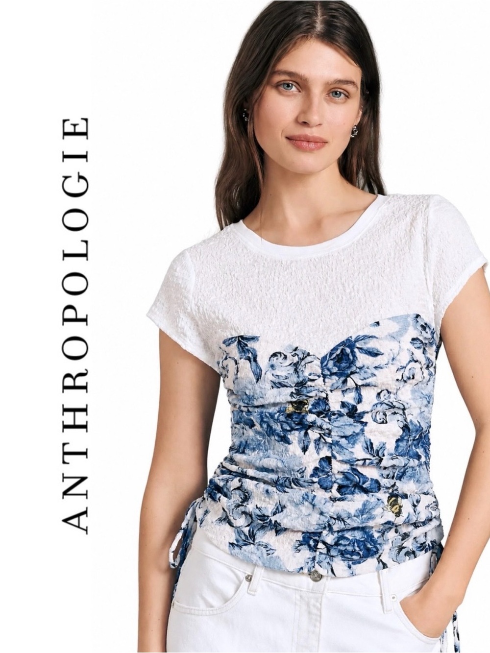 NWT Maeve by Anthropologie Ruched Corset Short Sleeve Top Size XS in Blue Floral